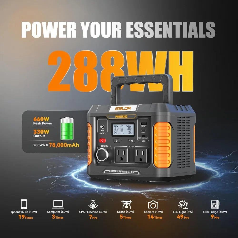 US Shipping 330W 660W Peak Portable Power Station 288Wh Solar Generator Power Bank 120V Pure Sine Wave AC Outlet 78000Mah