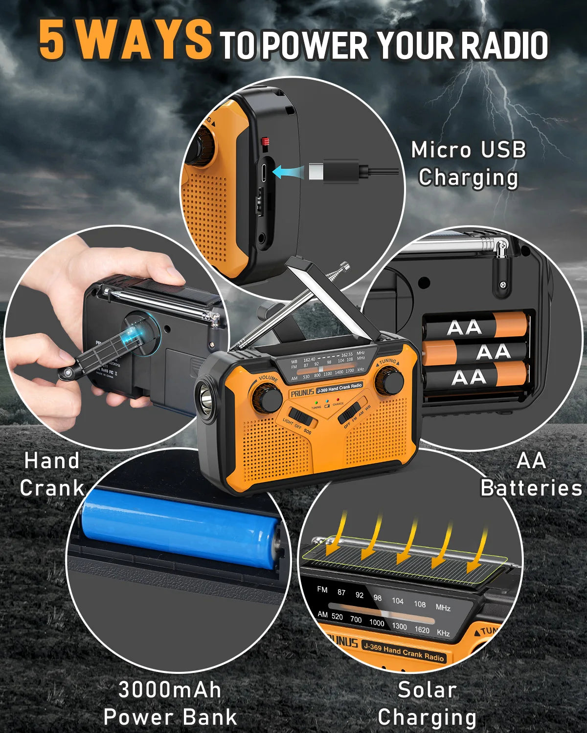 3000Mah Portable Emergency Solar Power Hand Crank Charging AM/FM Weather Radio Led Flashlight Bank Phone Charger